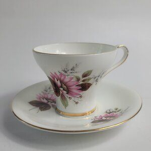 Harleigh Bone China Cup & Saucer Set White Pink Daisy Brown Leaves